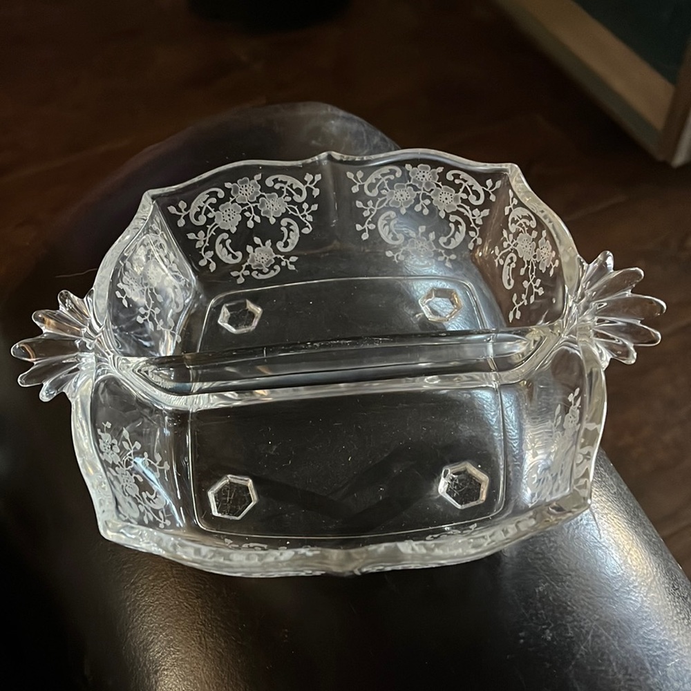 Vintage Fostoria Meadow Rose etched on the Baroque Shape 1937-1982 divided dish